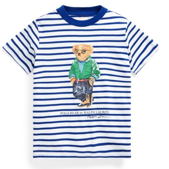 Polo Bear Striped Cotton Tee White & Blue Striped 18m - Picture 1 of 7